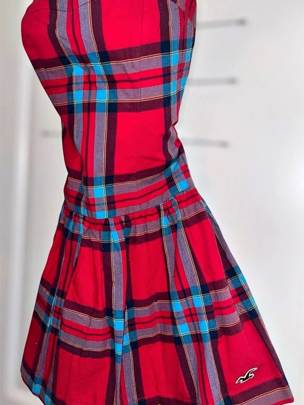 Hollister Red Plaid Strapless Smocked Fit & Flare Dress Size S
